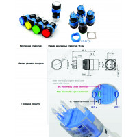 Кнопка 16 мм, круглая тип LA160-16A, подсветка 220AC, синяя Кнопка 16 мм, круглая тип LA160-16A, подсветка 220AC, синяя